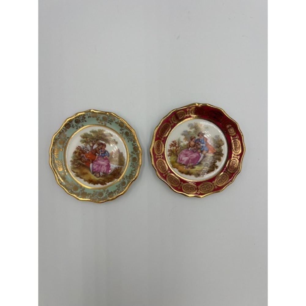 Limoges France Fragonard Courting Couple Miniature Plates Gold Gilt Set of 2